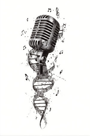 A classic microphone is depicted with musical notes swirling around a DNA helix. The image utilizes grayscale tones with detailed textures, set against a pristine white backdrop. This artistic composition suggests themes of sound, music, and genetics, potentially suitable for editorial and commercial projects.の素材