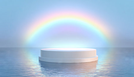 A white cylindrical pedestal sits on a reflective surface, with a vibrant rainbow arching overhead. The scene features soft lighting and a gradient blue background. The composition emphasizes the pedestal, suitable for showcasing products, concepts, or artistic representations. It offers a clean backdrop, perfect for promotional material or creative projects.の素材