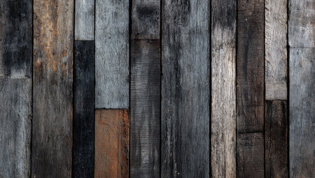This image presents a close-up of a weathered wooden plank arrangement, showcasing a variety of colors and textures. The composition highlights the natural grain and imperfections of the wood, with a blend of neutral and warm tones. This versatile visual element may suit various commercial and design projects.の素材