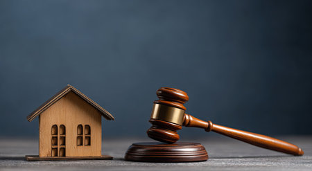 A miniature wooden house is placed near an auction hammer on a tabletop, both against a muted backdrop. The scene uses natural lighting, highlighting the texture of the materials. This composition could be used to illustrate concepts related to property, real estate, auctions, or legal matters in various publications.の素材