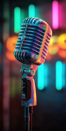 An old-style microphone is the focal point, captured against a blurred backdrop of colorful neon lights. The image showcases the microphone's metallic texture, with selective focus. The composition suggests an indoor environment, suitable for various editorial and promotional applications. The lighting highlights the subject's details.の素材