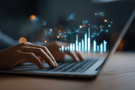 A person is shown working on a laptop computer with overlaid digital data visualizations. The visuals include bar graphs and connecting lines in bright colors. The image suggests a business or technology context, likely related to financial analysis or online data processing. The image could be used for articles, advertisements or presentations.の素材