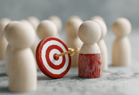 A close-up view presents a wooden target pierced by an arrow, connected to a wooden figure. Additional blurred figures surround the central focus. The image uses a shallow depth of field, emphasizing the target and figure. This arrangement could represent concepts such as strategic planning or reaching a goal. Suitable for various commercial and editorial applications.の素材