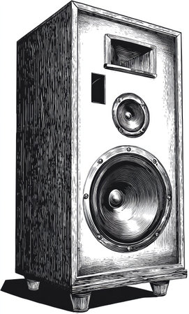 This detailed illustration depicts a classic speaker cabinet. The artwork showcases wood grain textures and varying tones creating depth. Elements include multiple speaker components within the enclosure. The image could be suitable for projects about audio, music, technology, or design.の素材