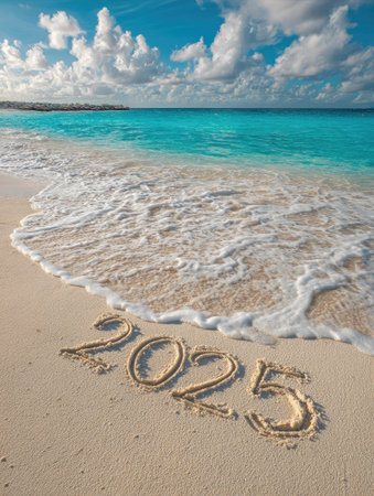 The image showcases the year 2025 written in the sand on a beach. Turquoise water meets the shore under a blue sky dotted with clouds. The scene is illuminated by sunlight creating a tranquil and inviting outdoor setting suitable for various editorial and commercial applications.の素材