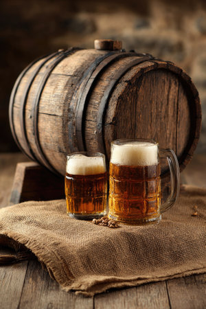 Two glasses of beer and a wooden barrel are featured in this image, resting on a textured cloth. The scene is bathed in warm tones, with the amber liquid contrasting with the darker wood. The composition is simple, suggesting a focus on the subject. Suitable for editorial and commercial applications related to beverages and dining.の素材