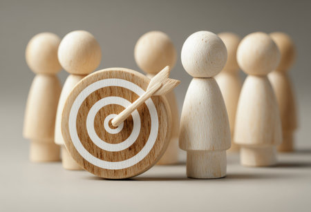A close-up view presents several wooden figures surrounding a target with an arrow. The figures are simple in design. The lighting is soft, providing subtle shadows. The composition suggests teamwork and achieving a common goal, suitable for use in business or educational materials.の素材