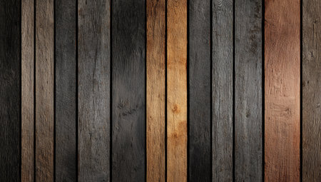 This image showcases a background composed of vertical wooden planks. The planks feature a variety of colors, ranging from dark to light shades, and possibly different wood textures. The composition offers a simple yet versatile backdrop suitable for both commercial and editorial uses. The lighting seems to be soft and even.の素材