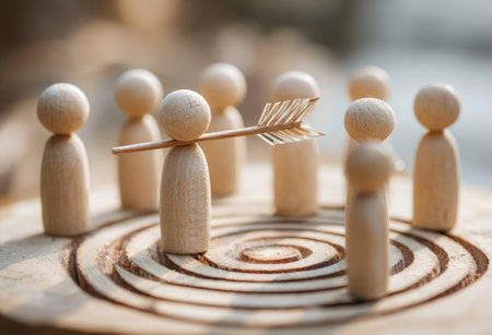 A close-up photograph displays several wooden figures surrounding a central figure with an arrow. The figures are arranged on a wooden board. The lighting is soft and warm, suggesting a natural setting. The image may be used for concepts related to teamwork, strategy, or business.の素材