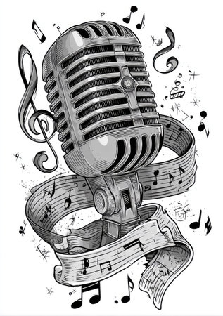 An illustration depicts a vintage microphone surrounded by musical notes and a banner featuring sheet music. The image uses a grayscale palette and detailed line art to create a classic feel. This artistic design is suitable for projects related to music, audio production, or entertainment and can be used for various commercial purposes.の素材