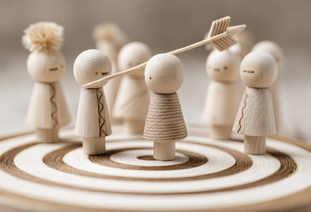 A close-up captures wooden figures arranged on a circular target. An arrow pierces a figure in the center. The composition features soft lighting and neutral tones. This image is suitable for concepts related to business, planning, and goal achievement, providing visual appeal for editorial and commercial applications.の素材