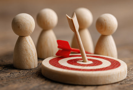 A wooden target with an arrow at its center is the focus of this image, positioned in front of a group of wooden figures. The composition showcases warm tones and detailed textures, indicating an indoor setting. This imagery can be used to represent concepts such as achievement and business objectives, ideal for various commercial projects.の素材