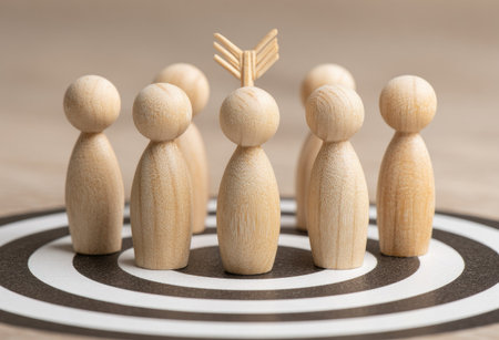 A group of wooden figures stand on a target, with one figure having an arrow at the head. This suggests concepts of aiming and achieving objectives. The composition uses warm tones and focused lighting, creating visual emphasis. The image may be used for presentations on business strategy and goal setting.の素材