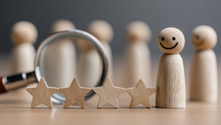 This image features wooden figures, stars, and a magnifying glass arranged on a surface. The composition uses a shallow depth of field, with soft lighting and a neutral color palette. The scene evokes concepts of analysis and evaluation, making it suitable for representing customer service or market research. It could be useful for a variety of business or editorial applications.の素材