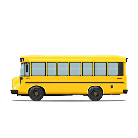 A vibrant yellow school bus is presented in a side view against a clean white backdrop. The illustration showcases a simple, graphic style with bright yellow and black elements. The composition features clean lines and a basic design, suitable for educational or transportation themed content. This could be used for various commercial or editorial projects.の素材