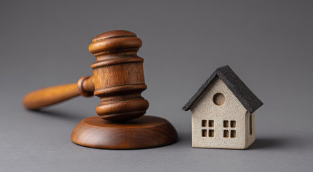 A wooden gavel rests beside a small house model against a neutral gray backdrop. The composition features warm tones from the wood contrasted with the house's muted colors. The image suggests concepts of law, property, or auction. Ideal for illustrating themes related to legal proceedings or residential real estate.の素材