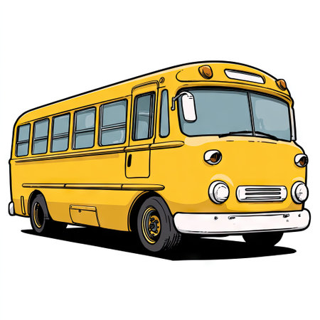 A vector illustration depicts a yellow school bus. The vehicle is presented in a flat, cartoonish style with a clean, white background, suitable for graphic design. The image showcases rounded shapes and bold lines with a front view. This illustration is suitable for educational or commercial applications.の素材