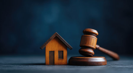 A wooden gavel rests next to a miniature house model, set against a dark blue background. The scene showcases warm brown tones against a cool backdrop, with carefully placed lighting to highlight the objects. This image is suitable for a variety of uses, including legal, financial, and property-related content.の素材