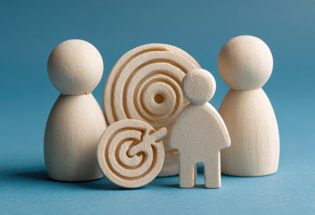 The image showcases wooden figures and targets against a solid blue backdrop. The figures, with simple, smooth forms, surround two targets with concentric circles. The lighting is soft, creating subtle shadows. This composition may be suited for illustrating themes such as business, team building, or goal achievement.の素材