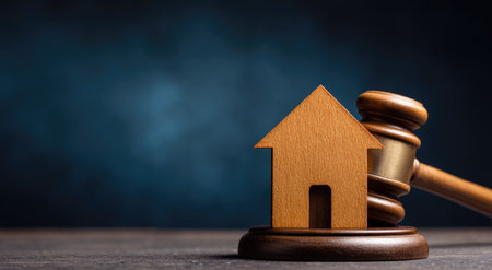 A wooden house silhouette is placed beside a wooden gavel. The scene is illuminated against a dark background, suggesting an indoor setting. The composition features a shallow depth of field, bringing focus to the house and gavel. The image may be suitable for legal, real estate, and financial publications or presentations.の素材