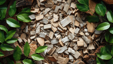 An overhead view displays a pile of wooden chips surrounded by fresh green leaves. The chips vary in size and shade, creating a textured surface. The image exhibits natural colors, likely taken in daylight, which provides versatility for various commercial or editorial needs.の素材