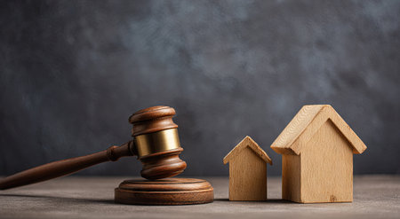 A wooden gavel lies beside two small, house-shaped objects. The composition has soft lighting and a neutral background. The scene suggests concepts related to law, real estate, and possibly property disputes. This image may be suitable for use in articles, websites, or promotional materials concerning legal or financial topics.の素材
