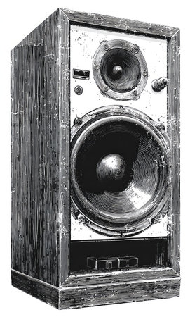 This black and white graphic showcases a vintage speaker design. The image features detailed textures, focusing on the speaker's components and wooden frame. Suitable for visual projects, the speaker is isolated, ideal for commercial or editorial applications, offering versatility in various design contexts.の素材