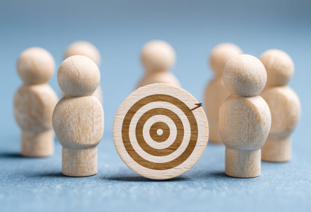A group of wooden figures surround a central target in this image. The figures are made of light-colored wood. The target has concentric circles. The scene is set against a soft blue backdrop, enhancing the visual clarity. The composition suggests concepts of focus, aiming, and collective effort, suitable for various business or educational applications.の素材