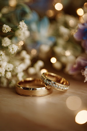 Two golden wedding rings are displayed, one with embedded stones, against a blurred backdrop. Delicate flowers in various colors and soft bokeh lights create an elegant visual. The composition suggests an intimate setting, ideal for romantic concepts and illustrations. This image may be suitable for a variety of editorial or commercial purposes.の素材