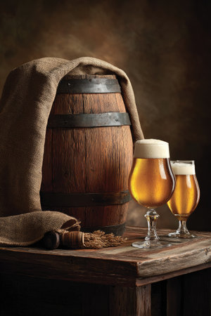 A wooden barrel is the focal point, accompanied by two glasses of beer set on a wooden surface. A draped fabric adds texture and visual interest. The warm lighting and rich colors enhance the composition. Suitable for use in editorial content or commercial projects related to beverages.の素材