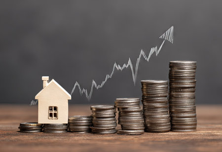 A miniature wooden house sits beside stacks of coins. A white line graph ascends above, suggesting financial growth. The composition uses neutral tones, with wood and coins against a dark background, suggesting a business concept. This image can be suitable for use in financial reporting and investment illustrations.の素材