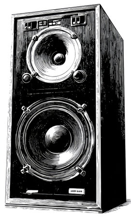This black and white illustration presents a classic audio speaker. The composition emphasizes the speaker's design through detailed lines and shading. It may be suitable for projects related to audio, music, and retro technology. The image is ideal for use in various commercial and editorial contexts.の素材