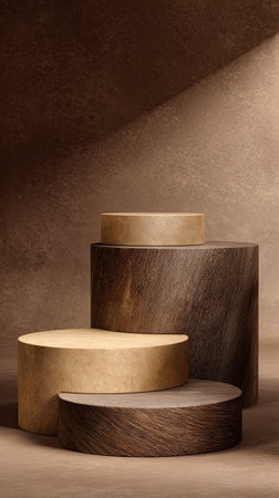 The image showcases a series of cylindrical wooden platforms in varying heights and shades of brown. The composition features soft lighting that casts shadows, enhancing the textures of the wood. This setup suggests a studio environment, suitable for displaying products for commercial or promotional purposes. The scene provides a neutral backdrop.の素材