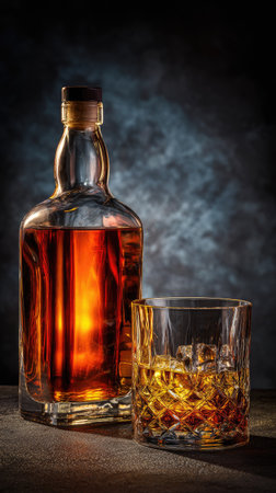 A still life composition presents a whiskey bottle next to a glass filled with ice cubes and amber liquid. The objects are set against a dark, textured backdrop with dramatic lighting, highlighting the transparency of the glass and the rich color of the contents. Suitable for editorial and commercial projects related to beverages.の素材