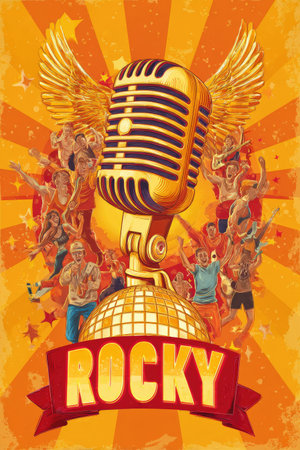 A golden vintage microphone with wing-like elements and a group of animated figures is showcased against an orange radial pattern. The artwork incorporates dynamic composition and vivid colors. This imagery is likely suitable for uses in entertainment, design, or promotional purposes and can be applied in various commercial contexts.の素材