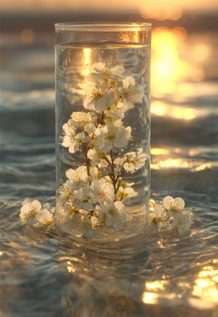 A close-up captures delicate white flowers submerged in a glass of water, resting on a reflective surface. The image presents soft textures, illuminated by warm sunlight creating a golden hue. This aesthetic composition is suitable for various applications including artistic projects, marketing materials, and editorial content.の素材