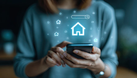 A person is using a mobile phone, likely indoors, with a focus on digital real estate concepts. The image displays a shallow depth of field, with soft lighting illuminating the subject's hands and the phone. It could be useful for articles about technology, online services, or property marketing.の素材