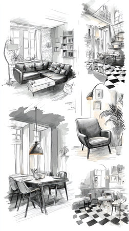 This collection presents watercolor sketches of interior designs, showcasing living rooms, dining areas, and seating arrangements. Rendered in grayscale, the images highlight furniture, lighting, and architectural details. Suitable for illustrating home decor concepts, architectural projects, or design publications, offering a unique visual perspective.の素材