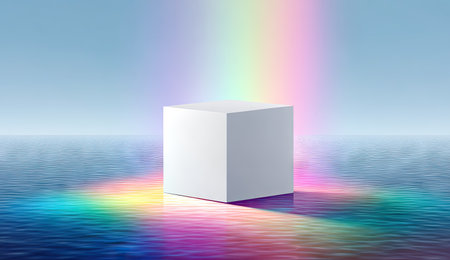 A white cube sits on a reflective surface, illuminated by a vibrant rainbow light effect. The scene features a water-like texture, suggesting a surreal environment. The composition utilizes soft lighting and color gradients. Suitable for commercial projects requiring a clean and modern aesthetic, or abstract visual representations.の素材