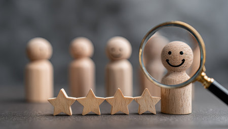 A close-up photograph showcases wooden figures, one with a smiling face. Four wooden stars are in the foreground, with a magnifying glass enhancing the focal figure. The image utilizes shallow depth of field, with soft lighting and a neutral background. Suitable for illustrative purposes related to customer satisfaction or feedback.の素材