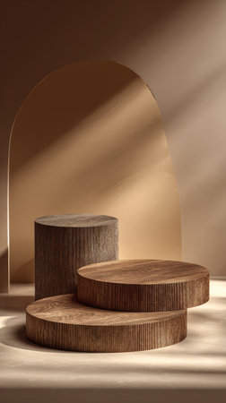 This image showcases a wooden display stand against a neutral background with arch shape. The composition uses natural light and shadows, creating a simple, elegant environment. The textures of the wood offer visual interest. Suitable for product showcasing and other commercial applications.の素材