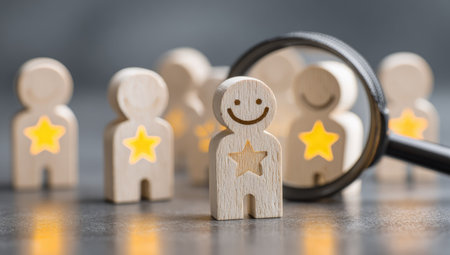 The image showcases wooden figures, some with star symbols, being observed through a magnifying glass. The composition uses shallow depth of field, focusing on one figure with a happy face. The lighting is soft, and the style is conceptual. This image may be suitable for illustrating human resources, team selection, or business strategy content.の素材