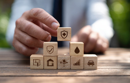 A person's hand carefully places a wooden block with a shield icon atop other blocks. The scene features a shallow depth of field, with soft natural lighting illuminating the objects. The composition suggests concepts of protection and security. Suitable for illustrating financial planning or related editorial content.の素材