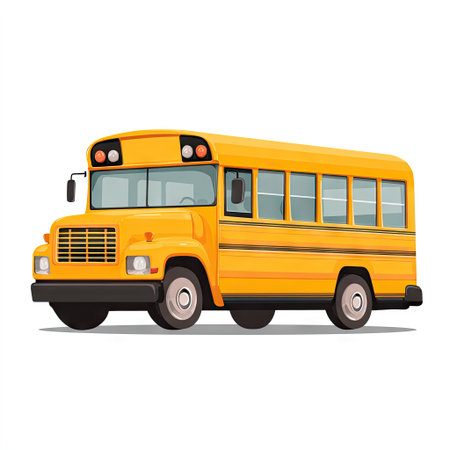 A vibrant yellow school bus is presented in a side view against a clean white backdrop. The illustration showcases a classic design with rectangular windows and a visible front grille. The composition uses a flat, graphic style with bright colors, suitable for educational materials or commercial use.の素材