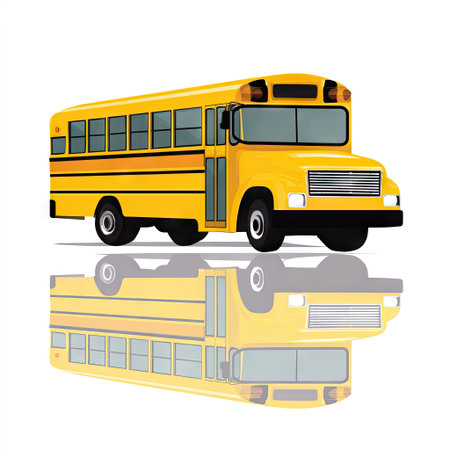 A yellow school bus is depicted against a white background, featuring a reflection below. The bus shows a side view, revealing windows and details. The illustration uses bright colors, ideal for educational resources and design projects. Suitable for commercial or editorial applications.の素材