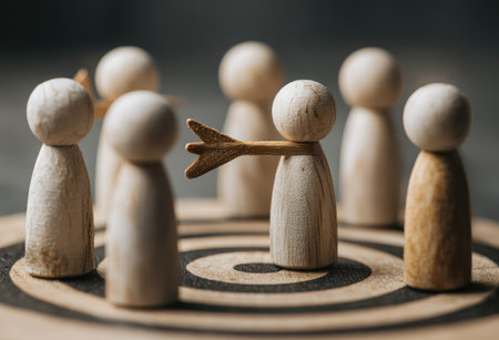 A group of wooden figures are arranged on a target board, with one figure seemingly singled out. The image uses a shallow depth of field, bringing the figures into sharp focus. Warm tones and overhead lighting suggest an indoor environment, making it suitable for illustrating business concepts and strategic planning.の素材