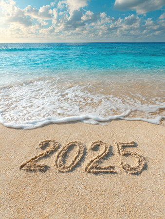 The image showcases the year 2025 written in the sand of a beach. Turquoise ocean water and a cloudy sky form the backdrop. The composition features natural lighting and a wide angle. Suitable for various projects related to planning, concepts, or environmental themes.の素材