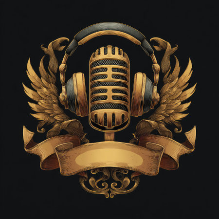 An emblem showcases a retro microphone and headphones design, complemented by ornate wings and a banner. The composition features a rich color palette, dominated by gold and black, creating a sense of luxury. This detailed illustration could be used in design projects, advertisements, or for various media purposes.の素材