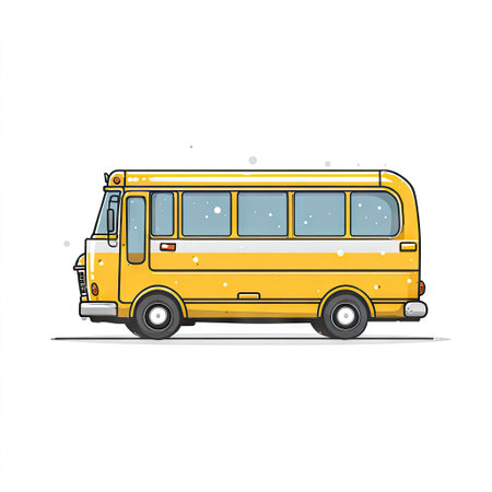 A yellow school bus illustration is presented against a white backdrop. The vehicle displays a classic design with multiple windows and wheels. The composition, using a vector style, offers a clean and simple appearance. It's suitable for educational resources, transportation concepts, or graphic design projects.の素材