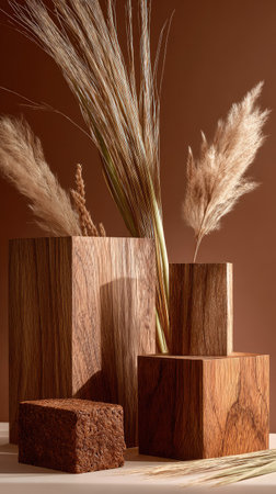 The image features wooden blocks of different sizes and textures, arranged with pampas grass against a brown backdrop. The composition showcases warm tones and detailed wood grain, employing balanced lighting. This versatile arrangement could be used for product displays, decorative backgrounds, or visual content.の素材